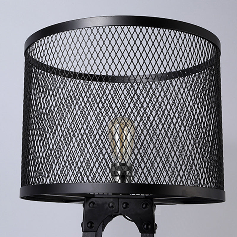 1 Kopfnetzbildschirm Stehlicht mit Drum Shade Retro Industrial Black Finish Metall Stehende Bodenlicht