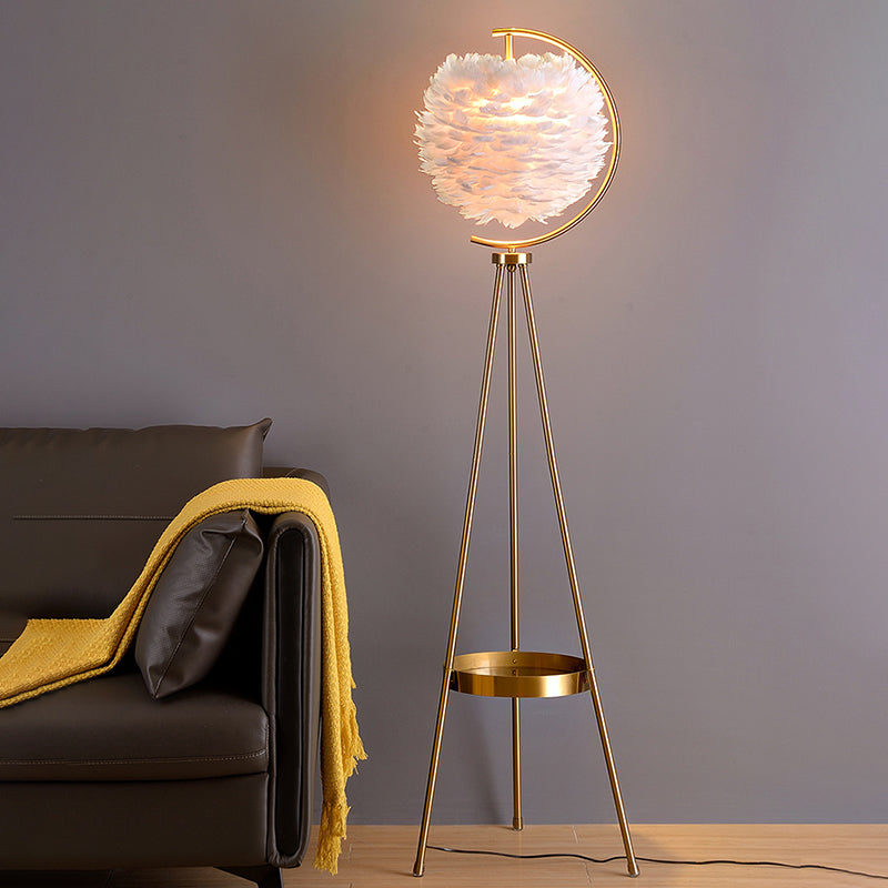 Postmodern Spherical Floor Light Feather 1 Head Living Room Standing Lamp with Tripod Tray