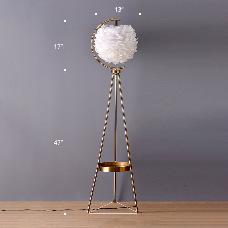 Postmodern Spherical Floor Light Feather 1 Head Living Room Standing Lamp with Tripod Tray