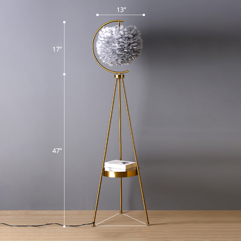 Postmodern Spherical Floor Light Feather 1 Head Living Room Standing Lamp with Tripod Tray