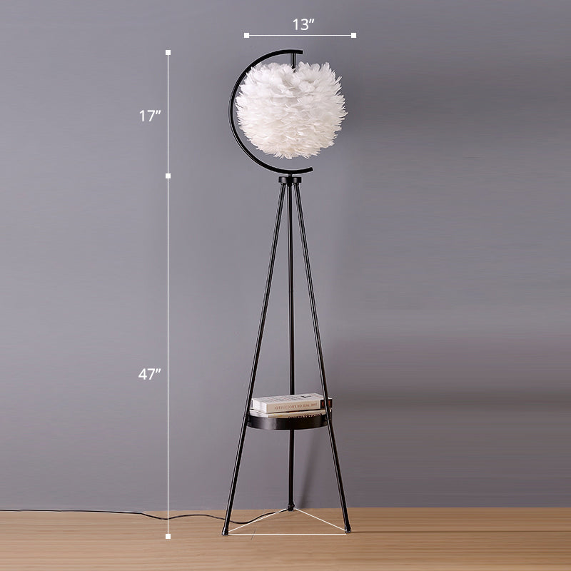 Postmodern Spherical Floor Light Feather 1 Head Living Room Standing Lamp with Tripod Tray