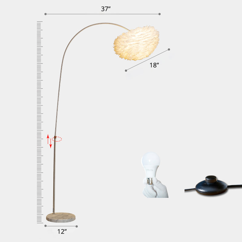 White Domed Floor Lighting Simple Single-Bulb Feather Stand Up Lamp with Extendable Fishing Rod Arm