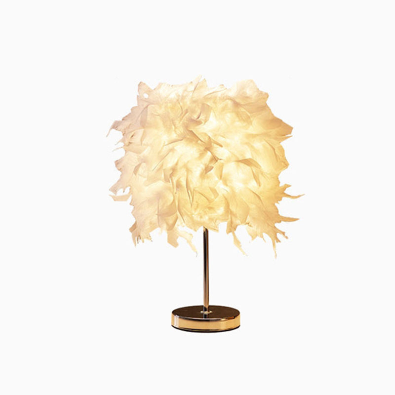 White Cylindrical Night Table Light Simplicity Single Bulb Feather Nightstand Lamp