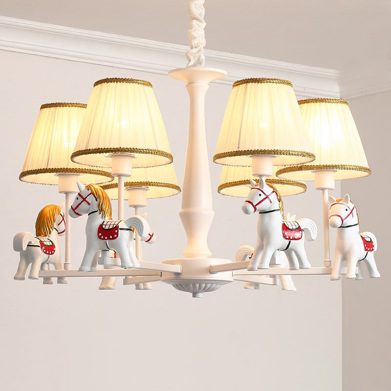 Carousel Child Room Pendant Light Resin Cartoon Chandelier with Tapered Fabric Shade in White