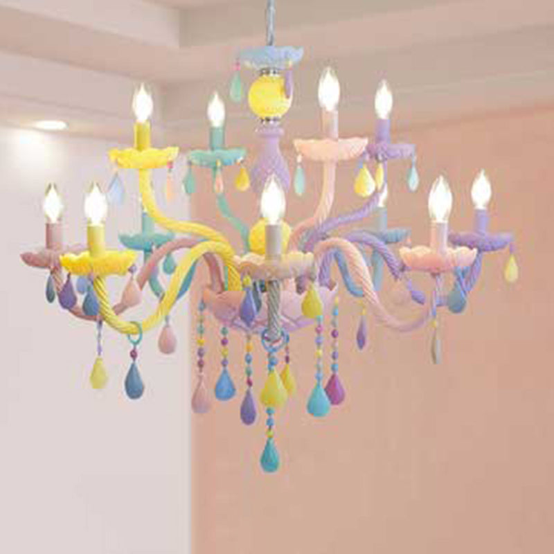 Pink Candle Style Hanging Light Kids Multicolored Glass Chandelier for Baby Room