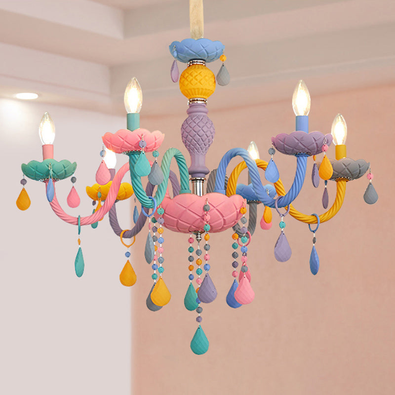 Pink Candle Style Hanging Light Kids Multicolored Glass Chandelier for Baby Room