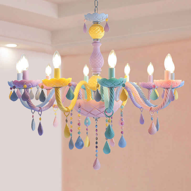 Pink Candle Style Hanging Light Kids Multicolored Glass Chandelier for Baby Room