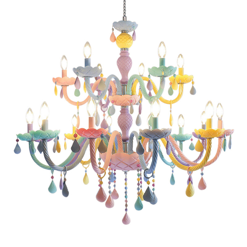 Pink Candle Style Hanging Light Kids Multicolored Glass Chandelier for Baby Room