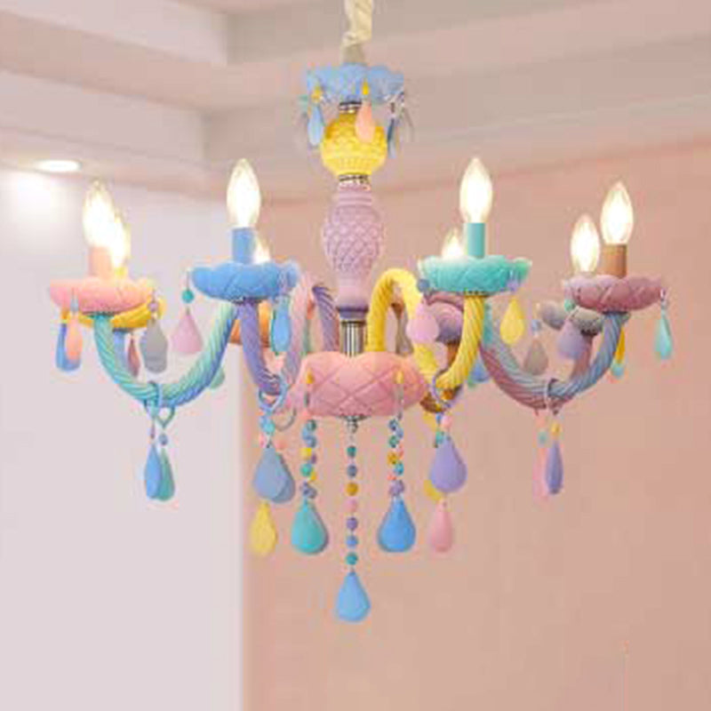 Pink Candle Style Hanging Light Kids Multicolored Glass Chandelier for Baby Room