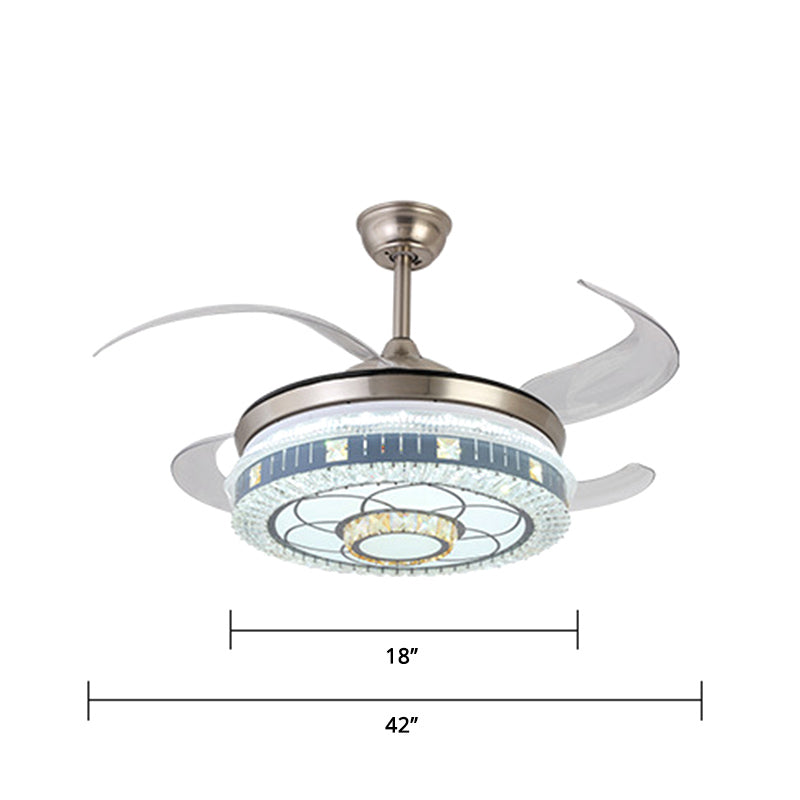 Crystal Round Hanging Fan Light Minimalistisch blauw Remote Regeling LED Semi Flush Light met 4 messen, 42 "W