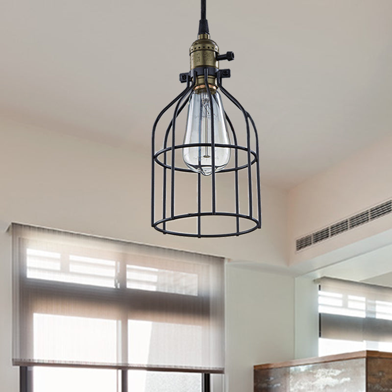 1 Bulb Pendant Lamp Retro Style Birdcage Shade Hanging Ceiling Light in Black for Coffee Shop