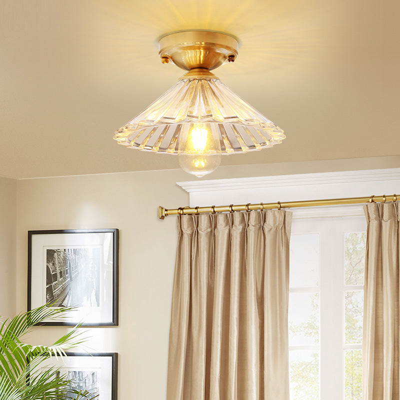 1 Bulb Cone Semi Flush Light Traditionary Ribbed Glass Ceiling Mounted Fixture in Brass for Bedroom