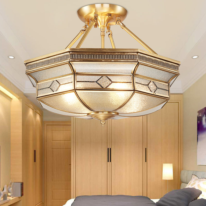 Octagon Semi Flush Ceiling Light Tradition Textured Glass 1 Head Brass Ceiling Mounted Light for Bedroom