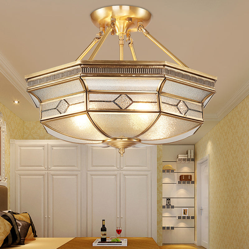 Octagon Semi Flush Ceiling Light Tradition Textured Glass 1 Head Brass Ceiling Mounted Light for Bedroom