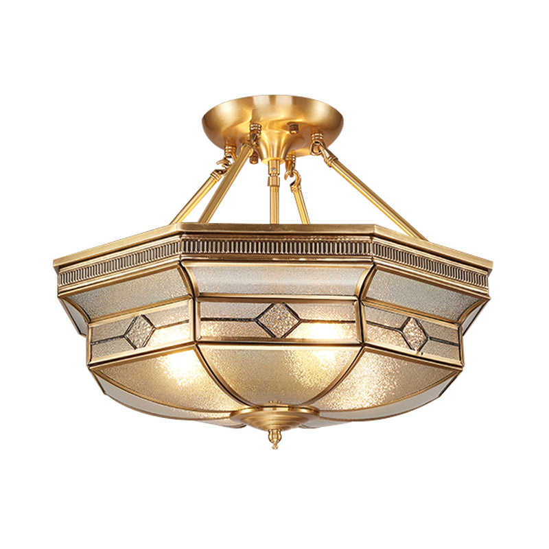 Octagon Semi Flush Ceiling Light Tradition Textured Glass 1 Head Brass Ceiling Mounted Light for Bedroom