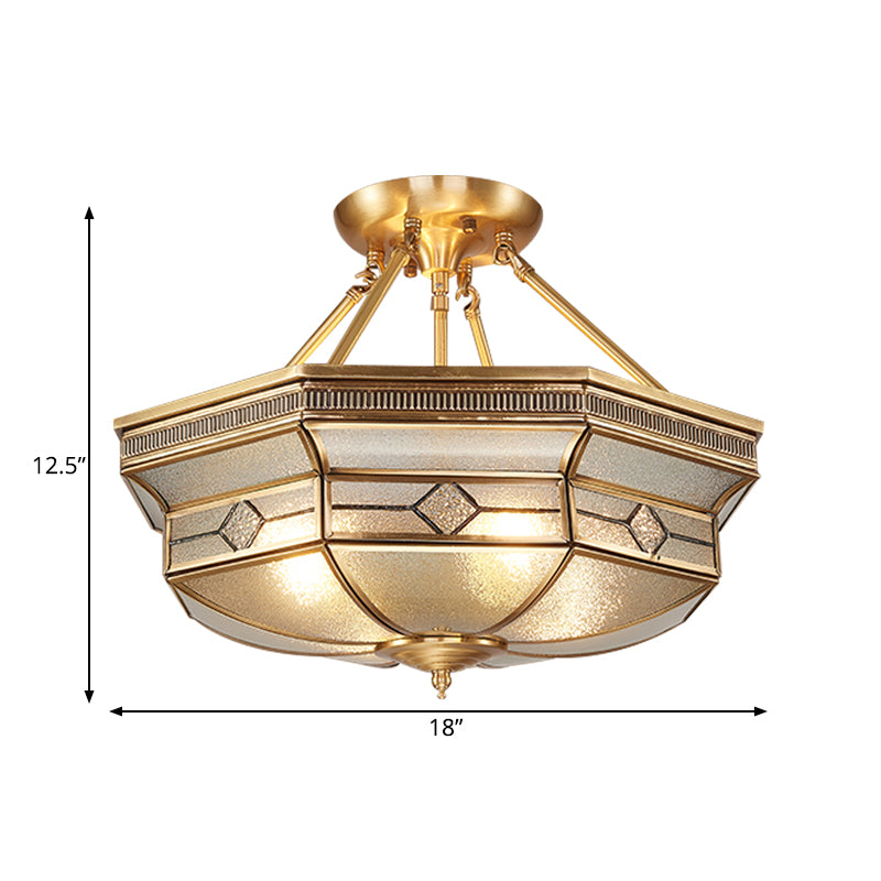 Octagon Semi Flush Ceiling Light Tradition Textured Glass 1 Head Brass Ceiling Mounted Light for Bedroom