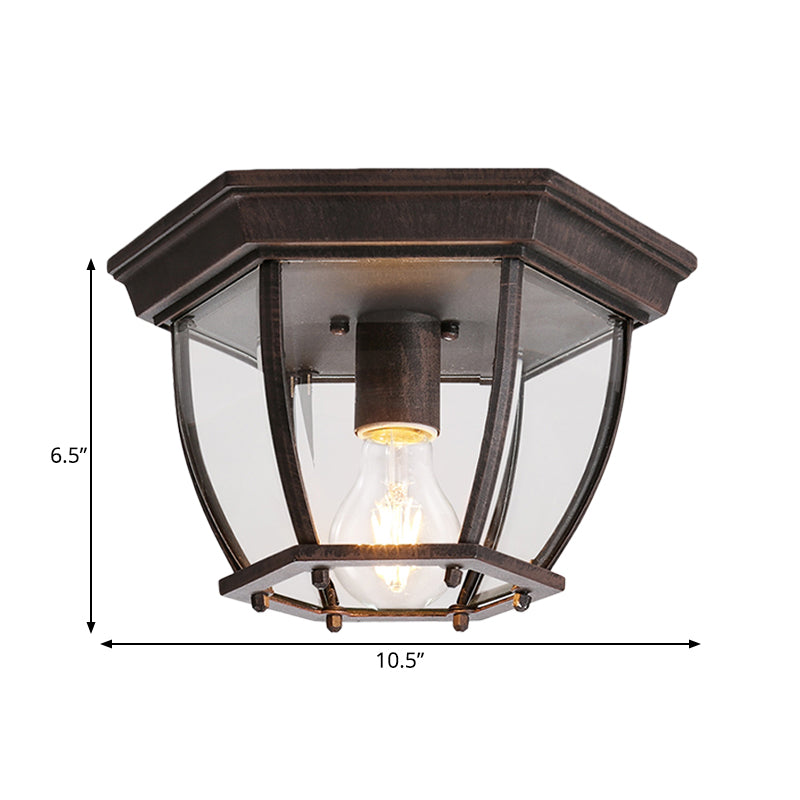 1 Bulb Cage Flush Light Traditionary Clear Glass Ceiling Mounted Fixture in Rust for Balcony