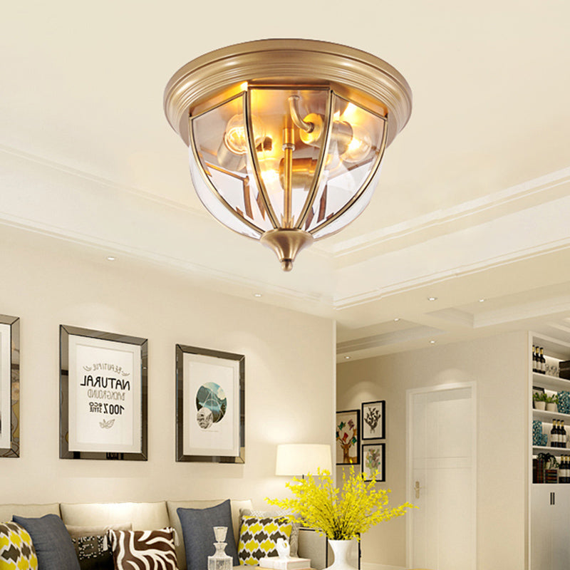 Hemisphere Clear Glass Flush Light Fixture Traditionary 3 Heads Brass Ceiling Mount Chandelier for Living Room