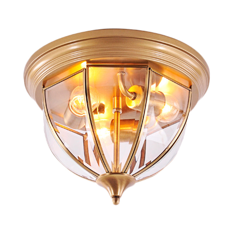 Hemisphere Clear Glass Flush Light Fixture Traditionary 3 Heads Brass Ceiling Mount Chandelier for Living Room