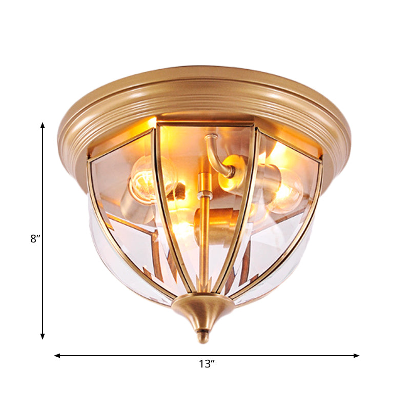 Hemisphere Clear Glass Flush Light Fixture Traditionary 3 Heads Brass Ceiling Mount Chandelier for Living Room