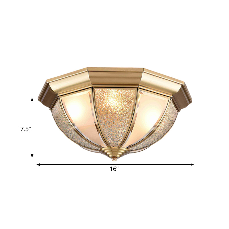 Lámpara de techo de vidrio texturizado tradicional de 3/4 bombillas de montaje empotrado en hemisferio de latón para dormitorio, 16 "/19,5" de ancho