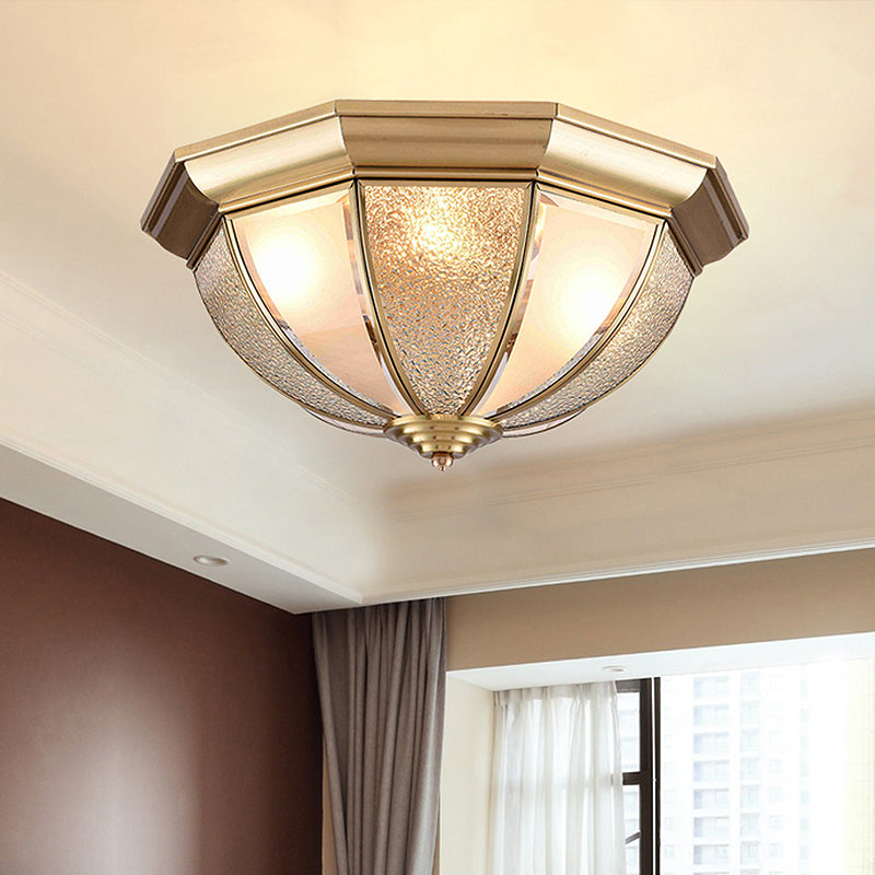 Brass Hemisphere Flush Mount Tradition 3/4 Bulbs Textured Glass Ceiling Light Fixture for Bedroom, 16"/19.5" Wide