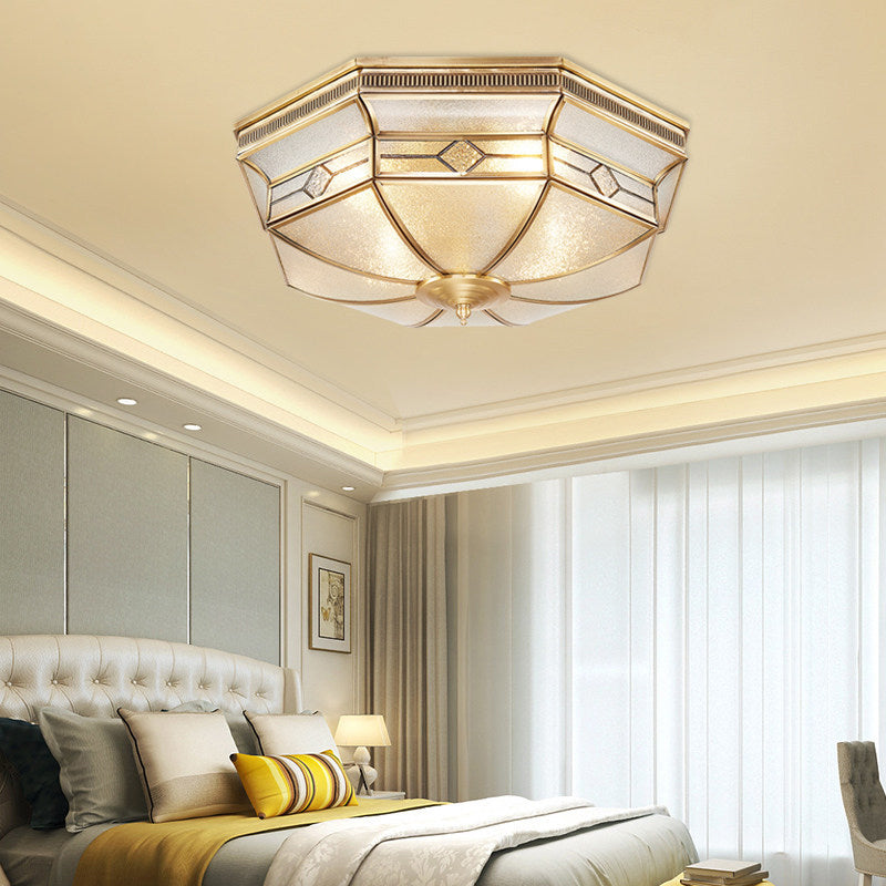 Octagon Flush Mount Tradition Textured Glass Brass 4 Bulbs Ceiling Light Fixture for Bedroom