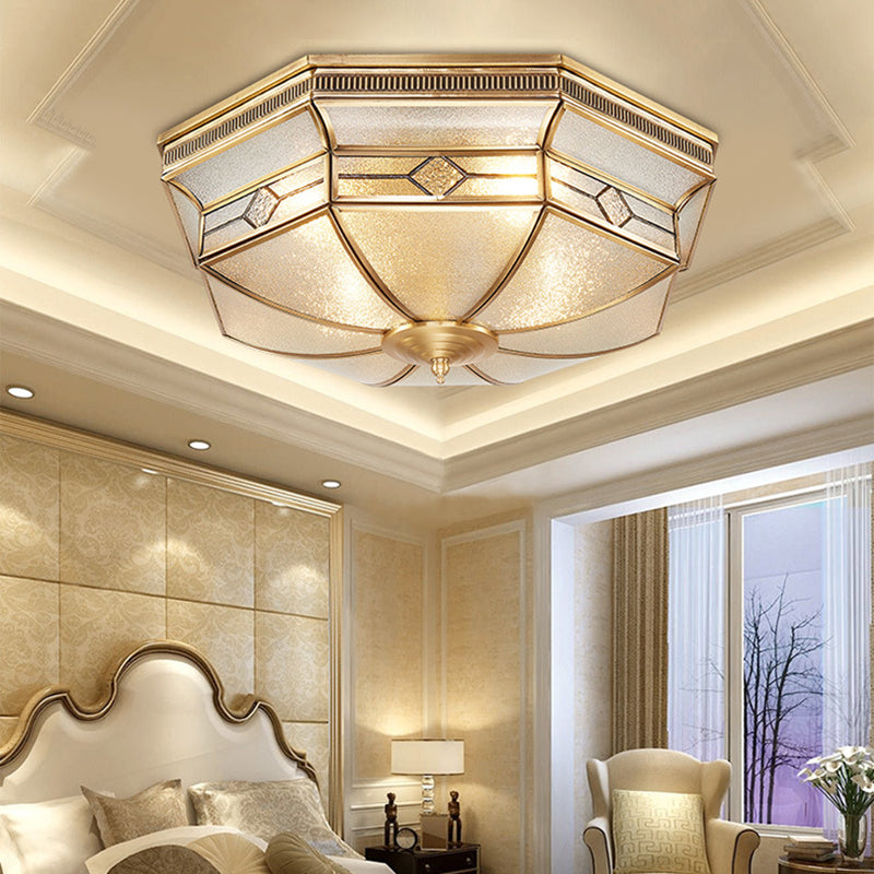 Octagon Flush Mount Tradition Textured Glass Brass 4 Bulbs Ceiling Light Fixture for Bedroom