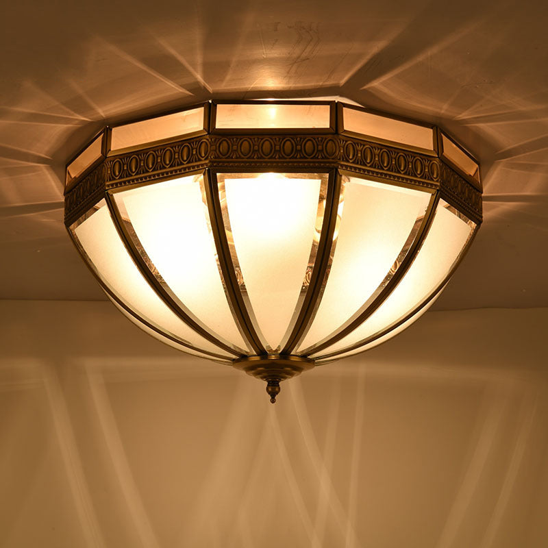 Brass Dome Flush Mount Lamp Traditionary White Glass 3 Bulbs Ceiling Mounted Light for Living Room