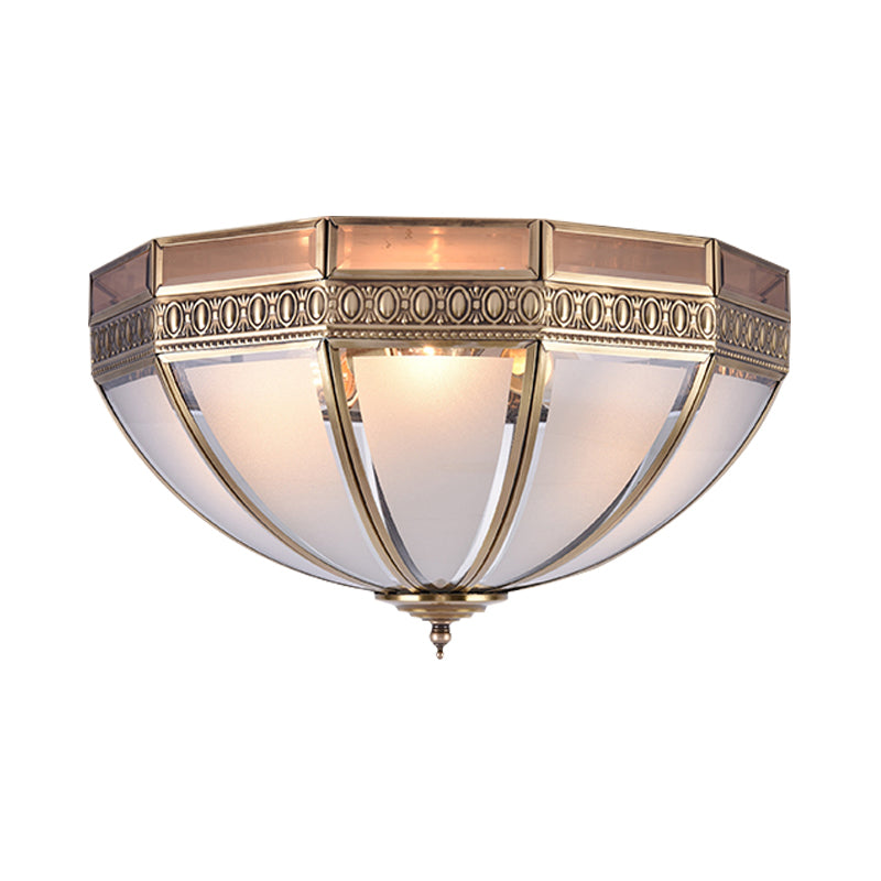 Brass Dome Flush Mount Lamp Traditionary White Glass 3 Bulbs Ceiling Mounted Light for Living Room