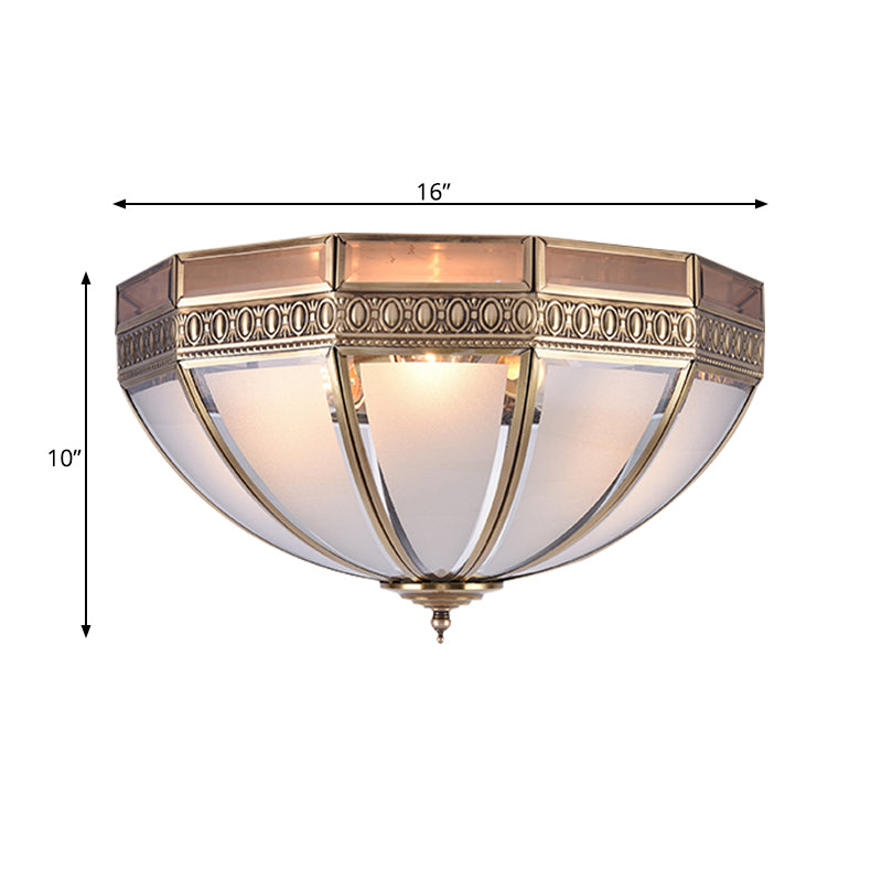 Brass Dome Flush Mount Lamp Traditionary White Glass 3 Bulbs Ceiling Mounted Light for Living Room