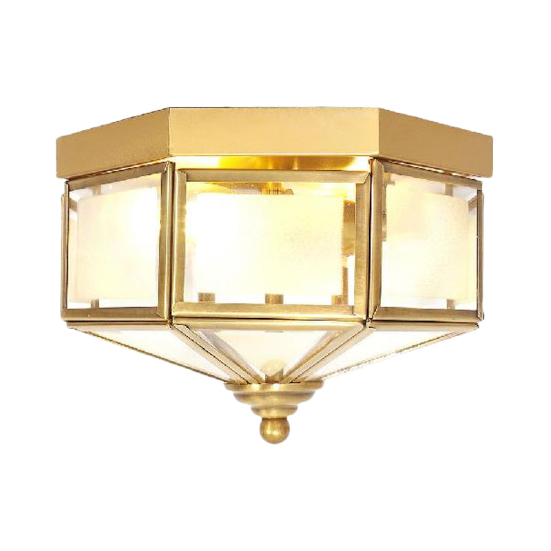 3 Bulbs Geometric Flush Light Traditionary Frosted Glass Ceiling Mounted Fixture in Brass for Balcony