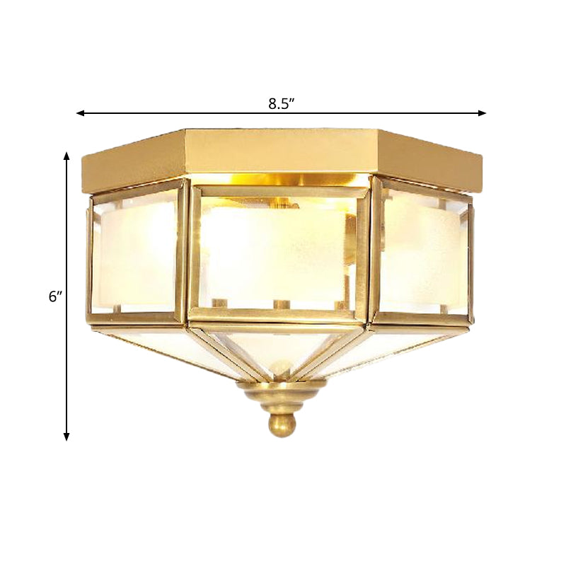 3 Bulbs Geometric Flush Light Traditionary Frosted Glass Ceiling Mounted Fixture in Brass for Balcony