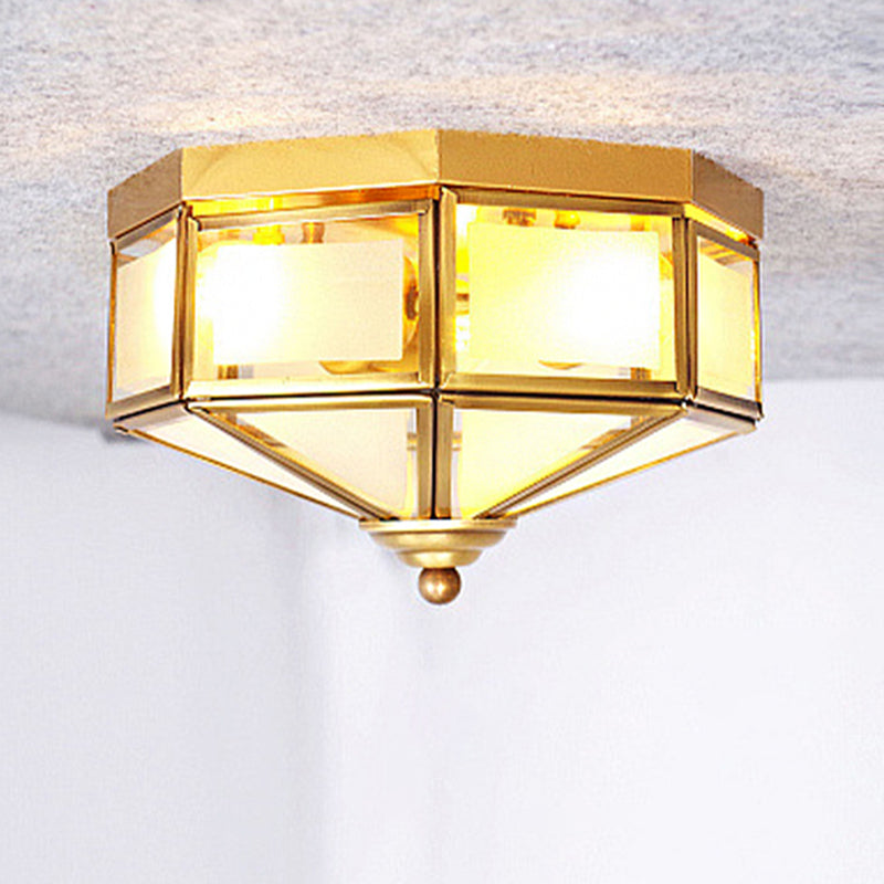 3 Bulbs Geometric Flush Light Traditionary Frosted Glass Ceiling Mounted Fixture in Brass for Balcony