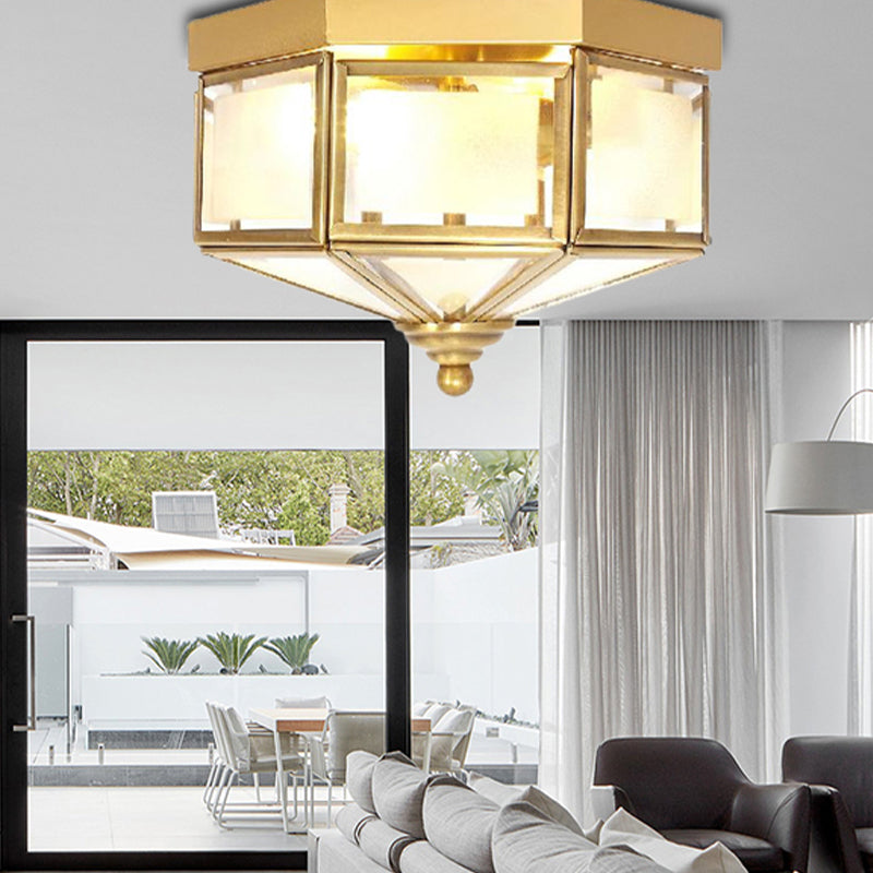 3 Bulbs Geometric Flush Light Traditionary Frosted Glass Ceiling Mounted Fixture in Brass for Balcony