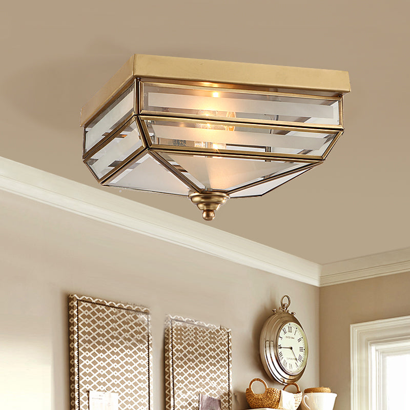 Tradition Rectangle Flush Mount Lighting Frosted Opal Glass 2 Bulbs Ceiling Light Fixture in Brass for Dining Room