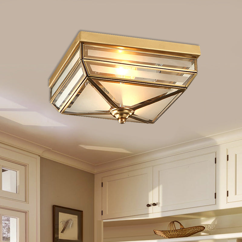 Tradition Rectangle Flush Mount Lighting Frosted Opal Glass 2 Bulbs Ceiling Light Fixture in Brass for Dining Room