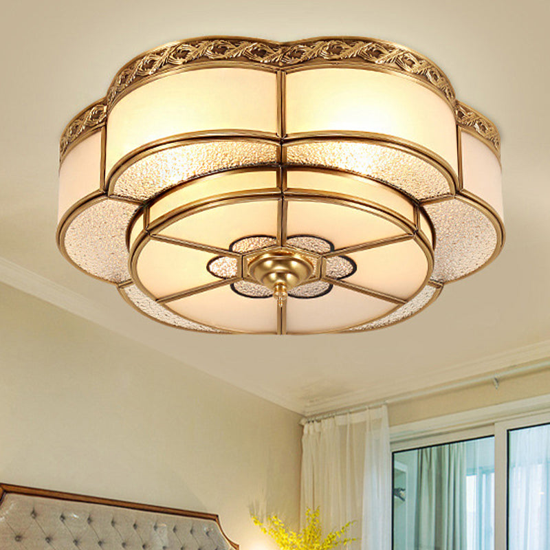 Brass Flower Flush Mount Tradition 3/4/6 Bulbs Opal Glass Ceiling Light Fixture for Bedroom, 14"/18"/23.5" Wide