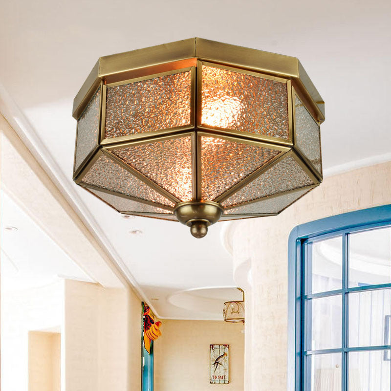 Octagonal Flush Mount Traditional Textured Glass 9.5"/10.5" Wide 3 Bulbs Brass Ceiling Mount Chandelier