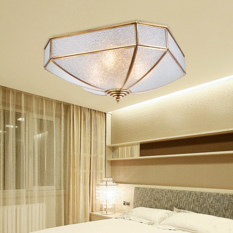 4 Bulbs Square Flush Light Traditionary Water Glass Ceiling Mounted Fixture in Brass for Bedroom