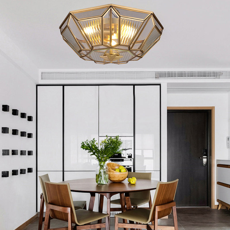 Brass Tapered Flush Mount Tradition 4 Bulbs Ribbed Glass Ceiling Light Fixture for Dining Room