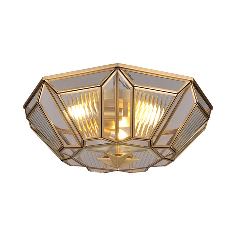 Brass Tapered Flush Mount Tradition 4 Bulbs Ribbed Glass Ceiling Light Fixture for Dining Room