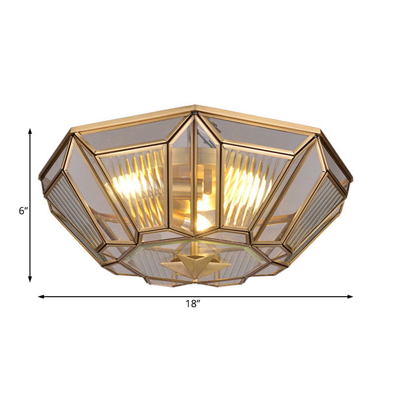 Brass Tapered Flush Mount Tradition 4 Bulbs Ribbed Glass Ceiling Light Fixture for Dining Room