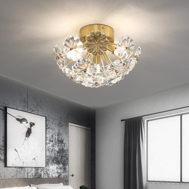 Flower Flush Mount Tradition Clear Glass Brass 3 Bulbs Ceiling Light Fixture for Bedroom, 12.5"/19" Wide