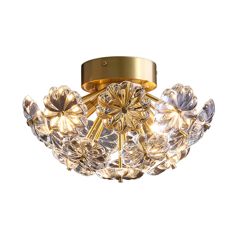 Flower Flush Mount Tradition Clear Glass Brass 3 Bulbs Ceiling Light Fixture for Bedroom, 12.5"/19" Wide