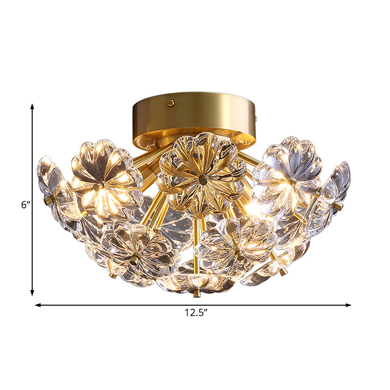 Flower Flush Mount Tradition Clear Glass Brass 3 Bulbs Ceiling Light Fixture for Bedroom, 12.5"/19" Wide