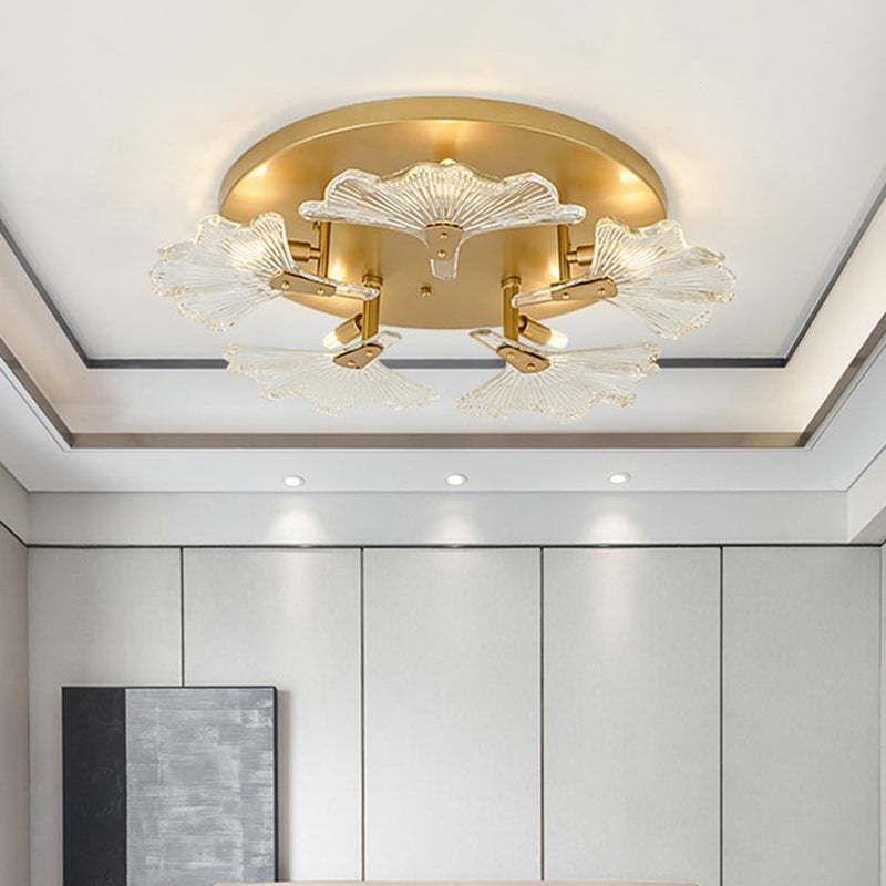 Leaf Flush Mount Tradition Vetro Trasparente Ottone 5 Lampadine Lampada da Soffitto per Sala da pranzo