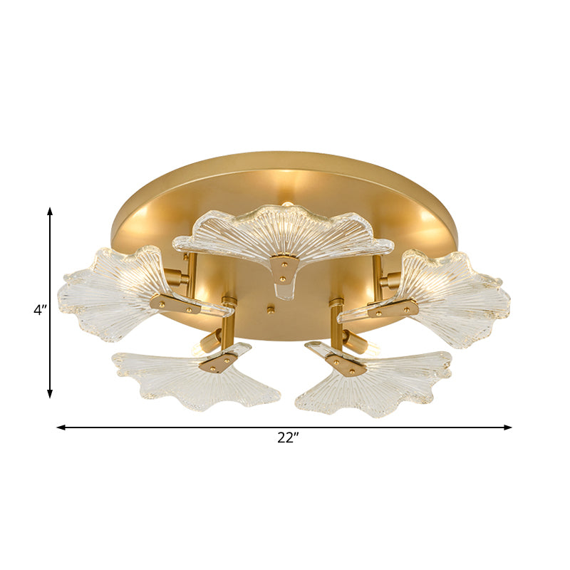 Leaf Flush Mount Tradition Clear Glass Brass 5 Bulbs Ceiling Light Fixture for Dining Room