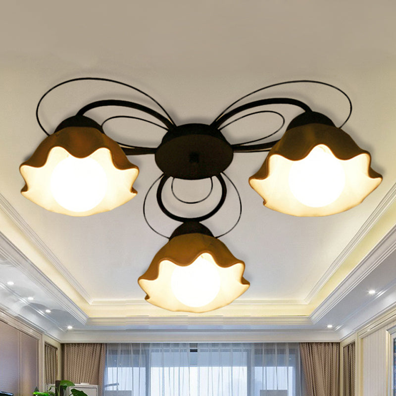 Black 3/5/6 Lights Ceiling Mount Traditional White Glass Scalloped Flush Light Fixture for Bedroom