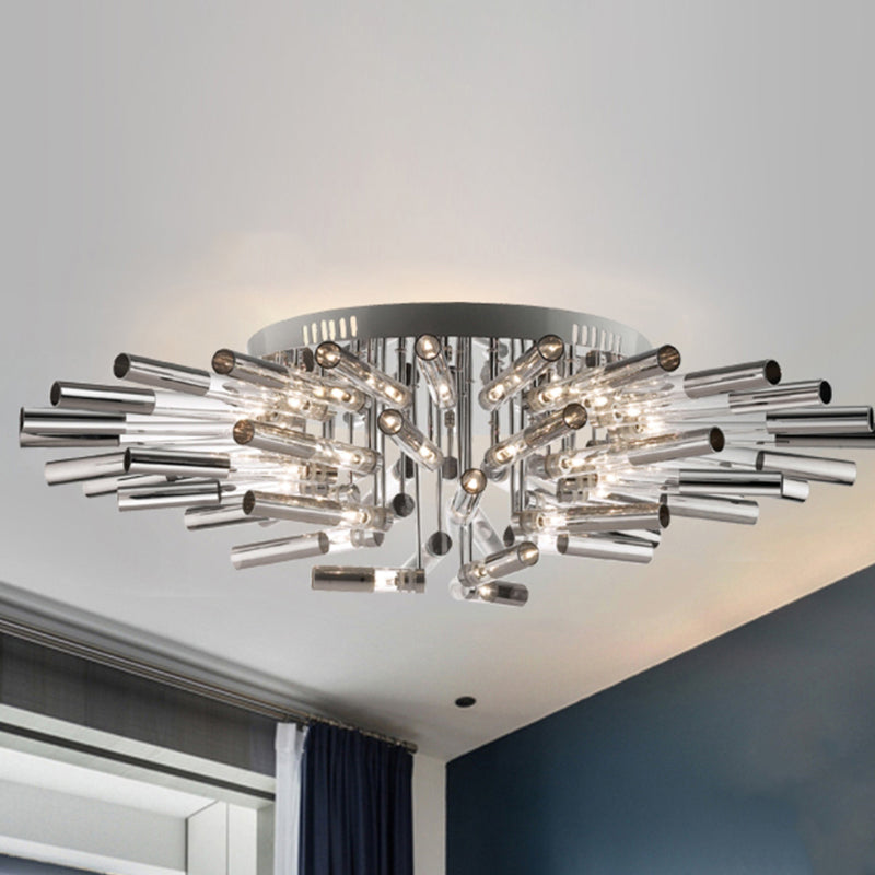 Modern Sputnik Semi Flush Light Stainless Steel 9/21 Lights Dining Room Ceiling Light Fixture with Tube Shade in Silver